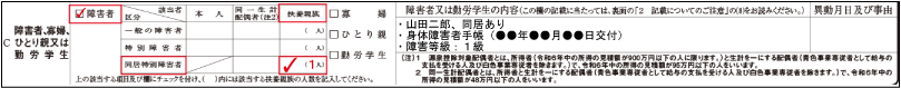 障害者控除（扶養親族が障害者である旨の記載例示：控除対象扶養親族又は16歳未満の扶養親族であり同居特別障害者である場合）