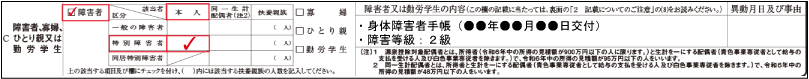 障害者控除（本人が障害者である旨の記載例示：特別障害者）