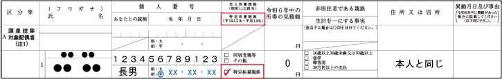 扶養控除（扶養控除等申告書の記載：特定扶養親族）