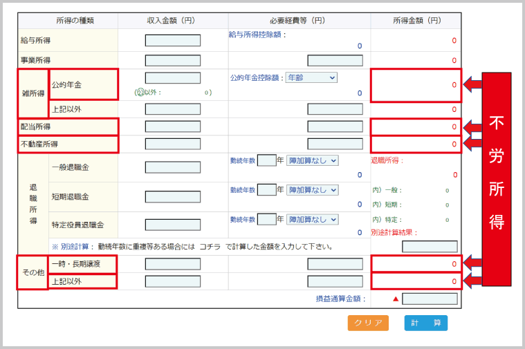 勤労学生控除：「自動計算機」における「不労所得」の表示箇所